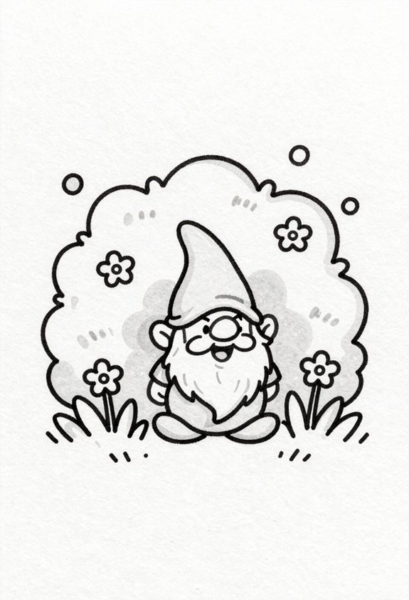 smiling gnome behind bush