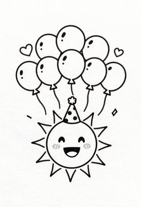 smiling sun with balloons