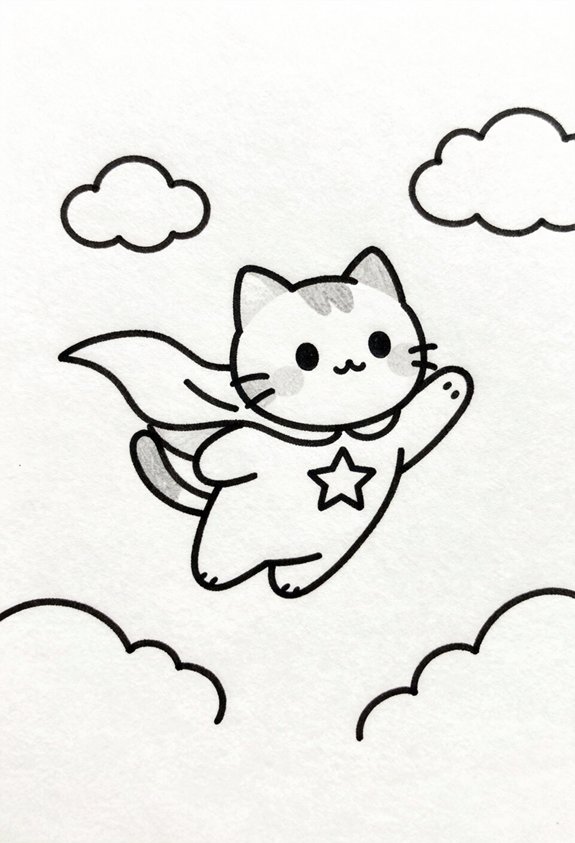 superhero cat soaring skyward