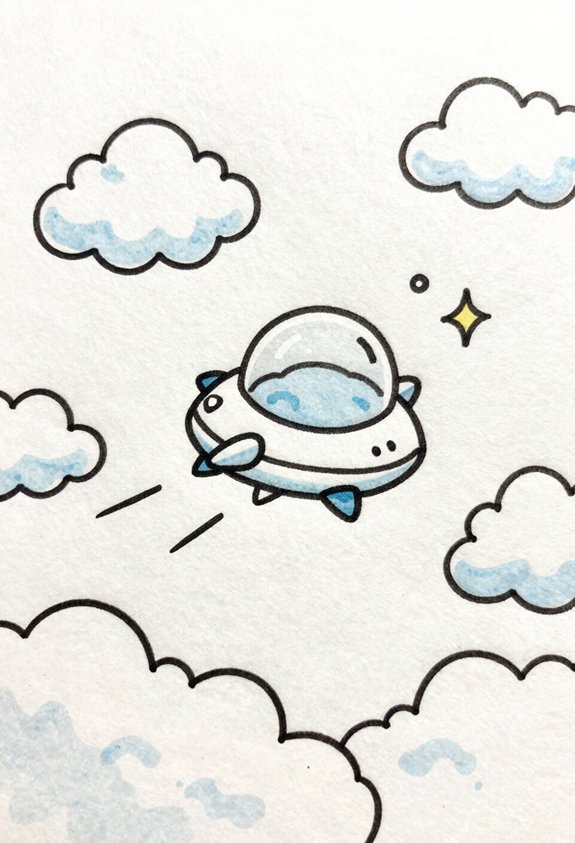 tiny spaceship in clouds