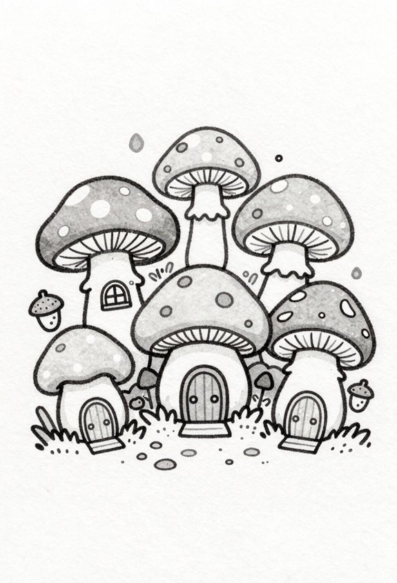 whimsical mushroom village doors