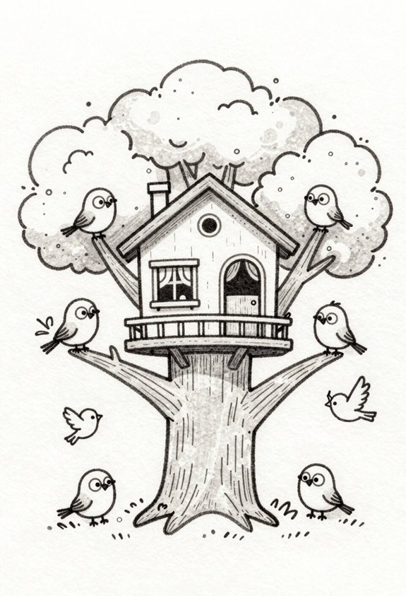whimsical treehouse with birds