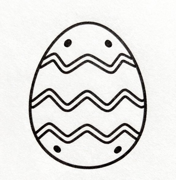 Line drawing of a decorated Easter egg with wavy patterns and dots on a plain background. Perfect for holiday themes.