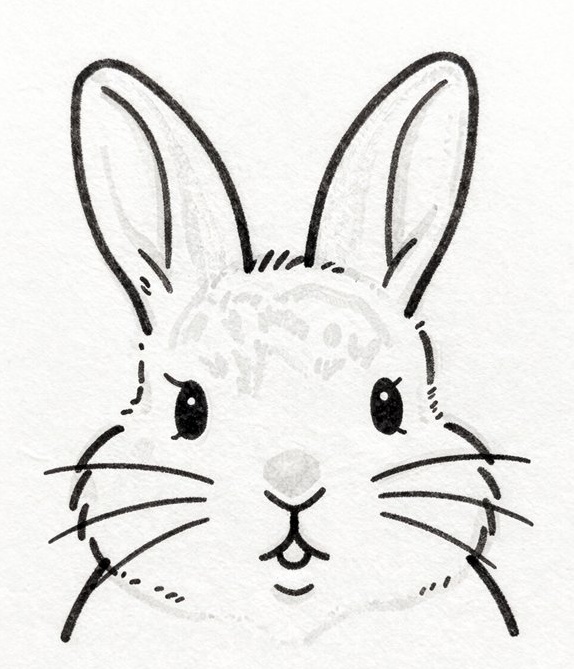 Cute black and white illustration of a rabbit's face with large ears and expressive eyes, perfect for animal-themed content.