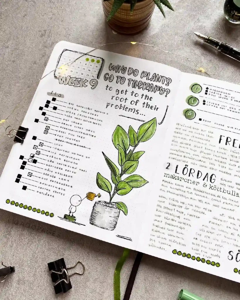 Bullet journal page featuring a plant illustration with a watering can and motivational quote about plant therapy.