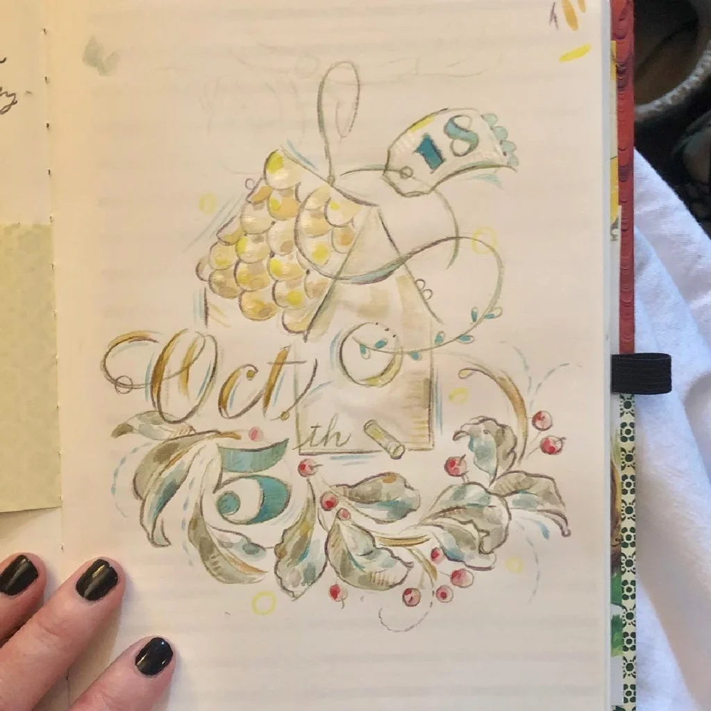 Hand-drawn illustration of Oct 18th with decorative elements like leaves and floral accents in soft colors.