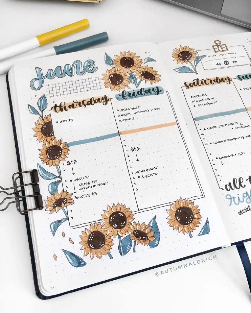 Bullet journal for June with sunflower illustrations and a weekly planner layout, featuring tasks for each day.