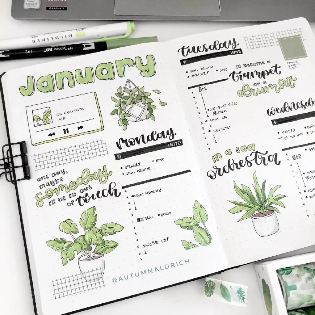 January bullet journal spread featuring green plant illustrations and daily planning sections for Monday to Wednesday.
