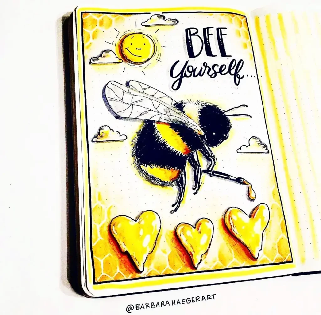 Illustration of a bee with a colorful background and the text Bee Yourself, featuring hearts and a smiling sun.