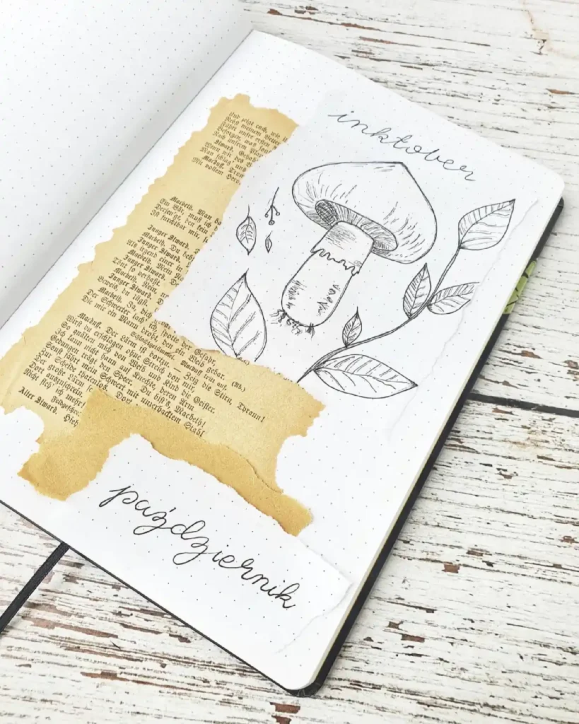 Sketch of a mushroom and leaves in a notebook page, featuring notes and artistic elements for Inktober.