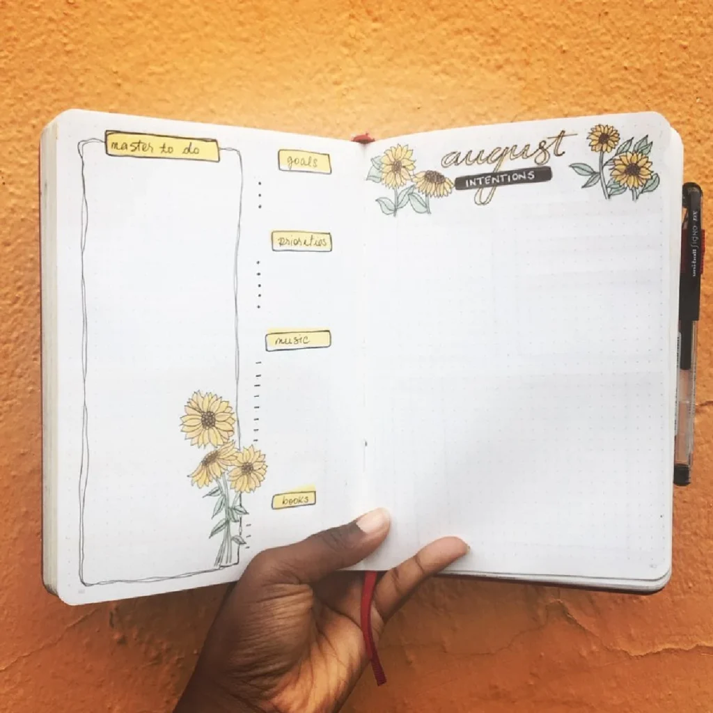 Bullet journal open to a page for August intentions, featuring sections for goals, priorities, and floral decorations.