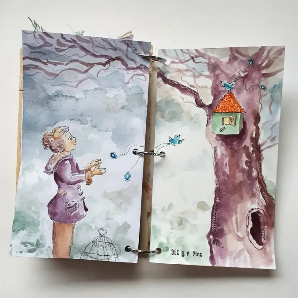 Watercolor illustration of a girl with a birdhouse, surrounded by trees and birds, capturing a whimsical, enchanted scene.
