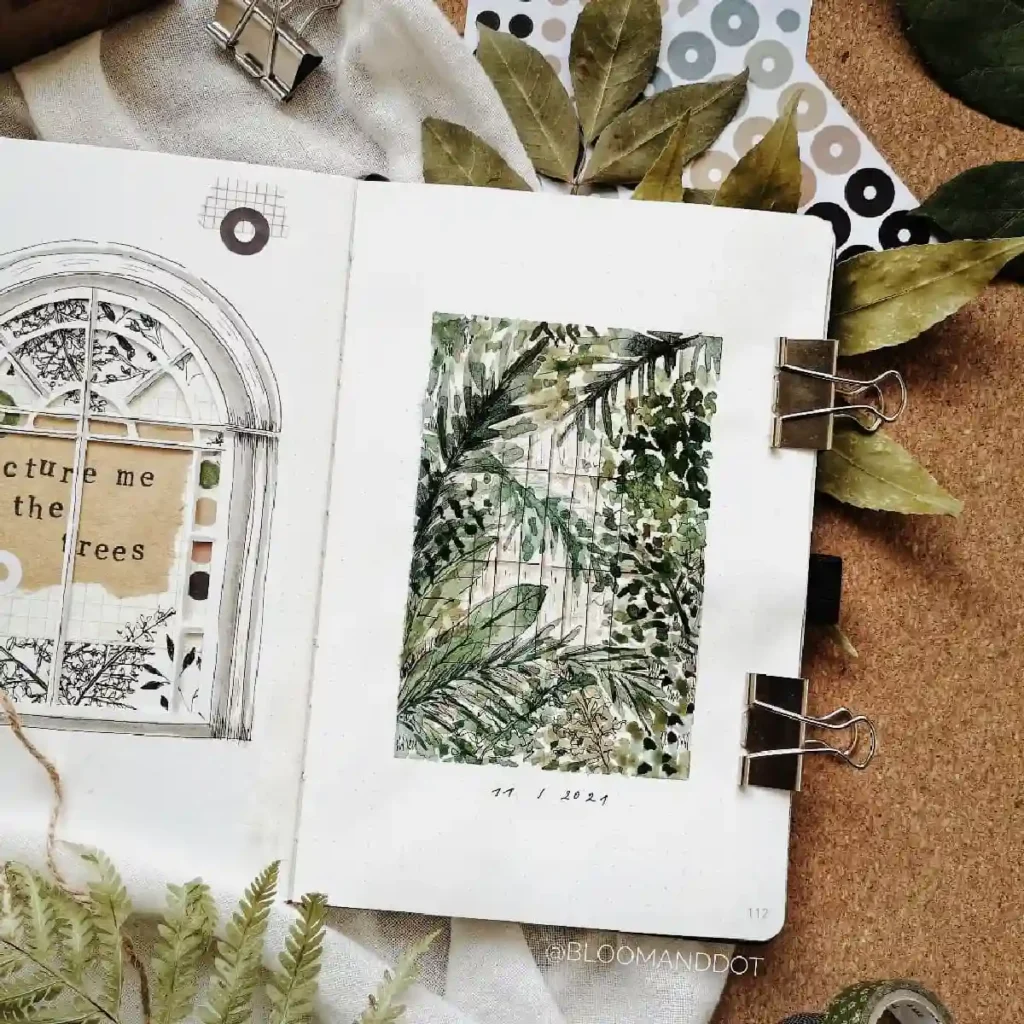 Aesthetic journal page featuring botanical art, leaves, and a vintage window illustration. Nature-inspired creativity.