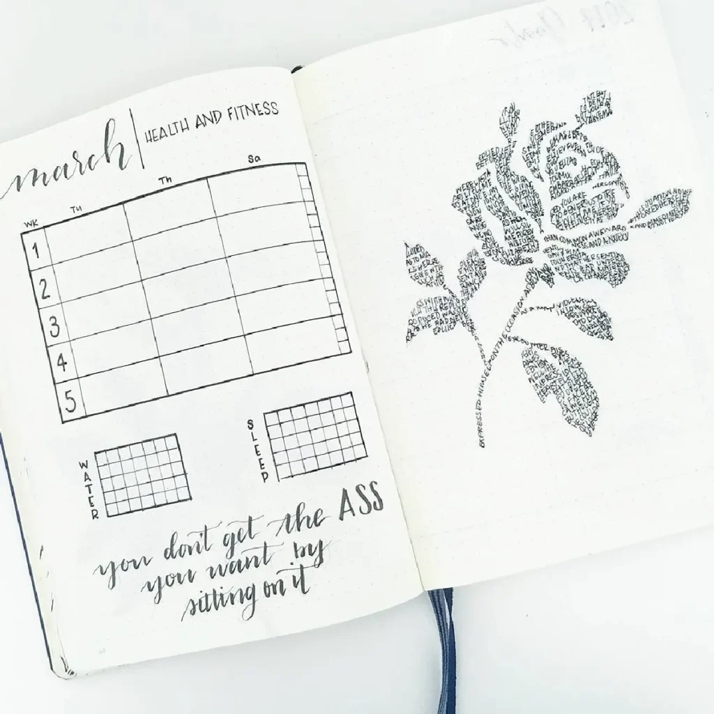 Bullet journal page for March with fitness calendar, water and sleep trackers, and a flower design made of text.