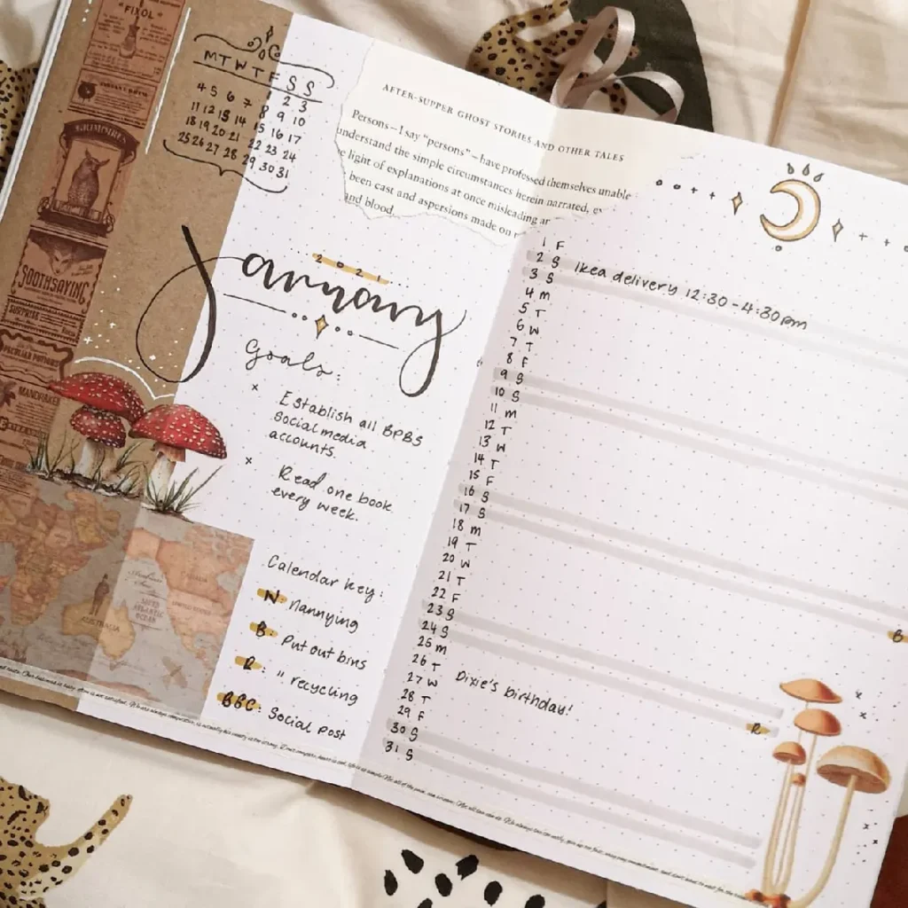 Bullet journal page for January with goal setting, calendar layout, and illustrations of mushrooms and maps.