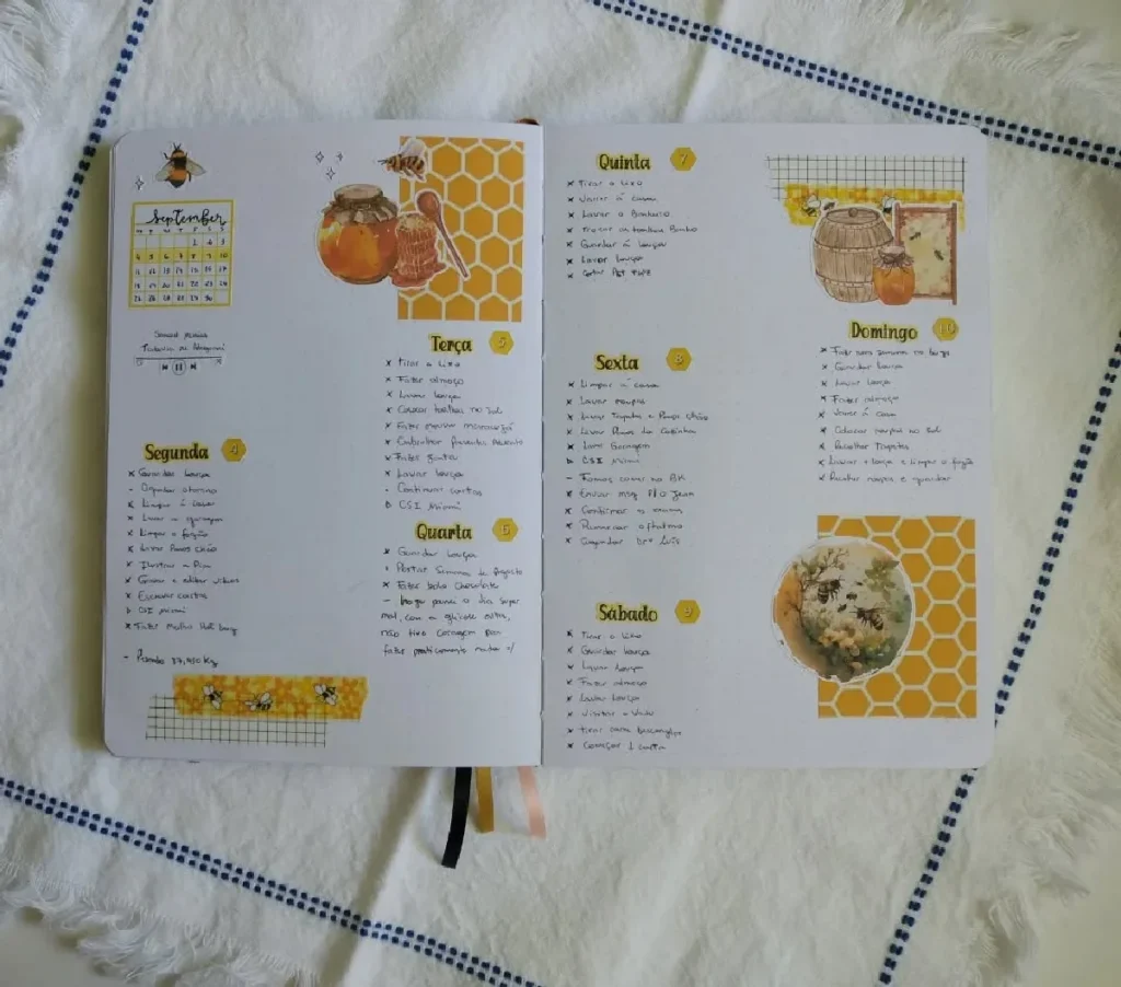 Weekly planner spread for September, featuring handwritten tasks and honey-themed decorations on a light background.