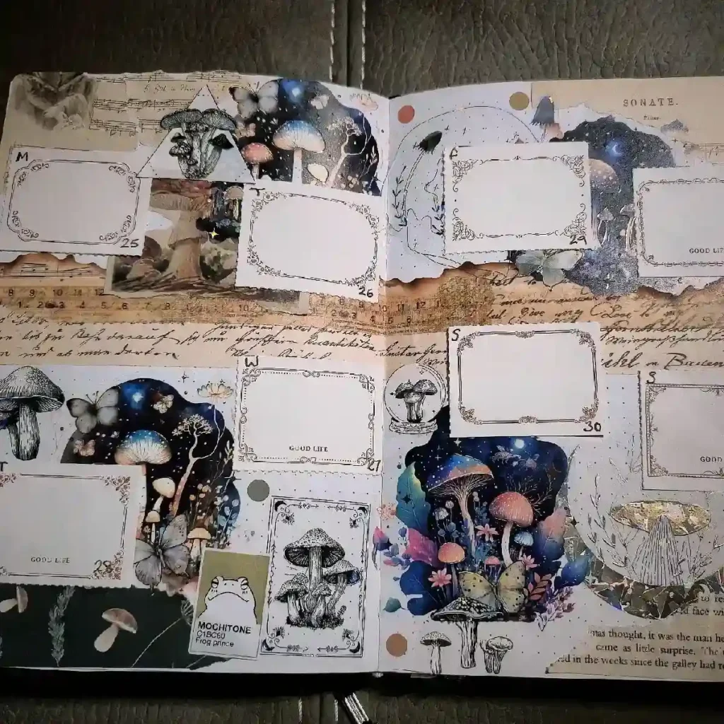 Whimsical scrapbook page featuring mushrooms, butterflies, and decorative frames against vintage-style backgrounds.