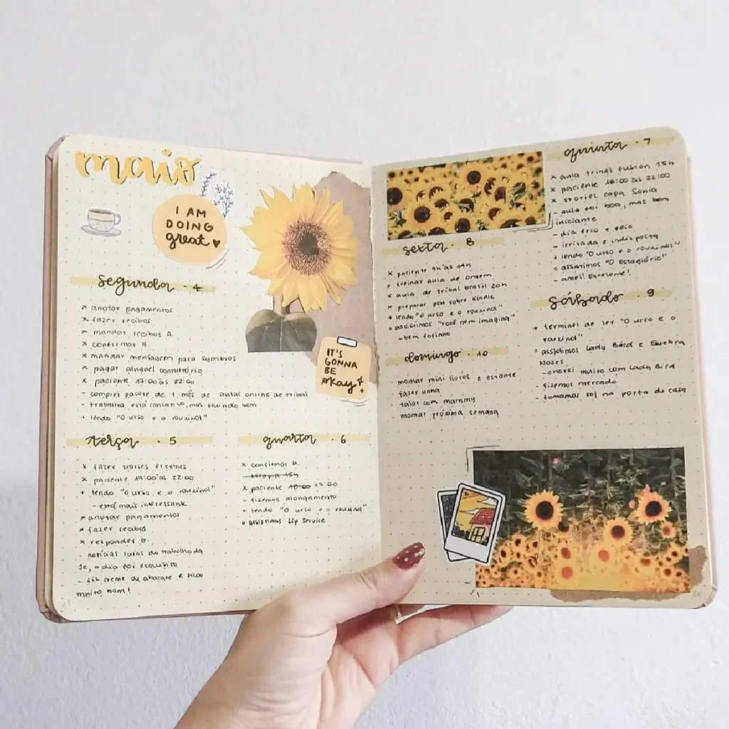 Alt text: Open bullet journal featuring sunflowers, daily plans, and motivational quotes in a cozy, artistic layout.