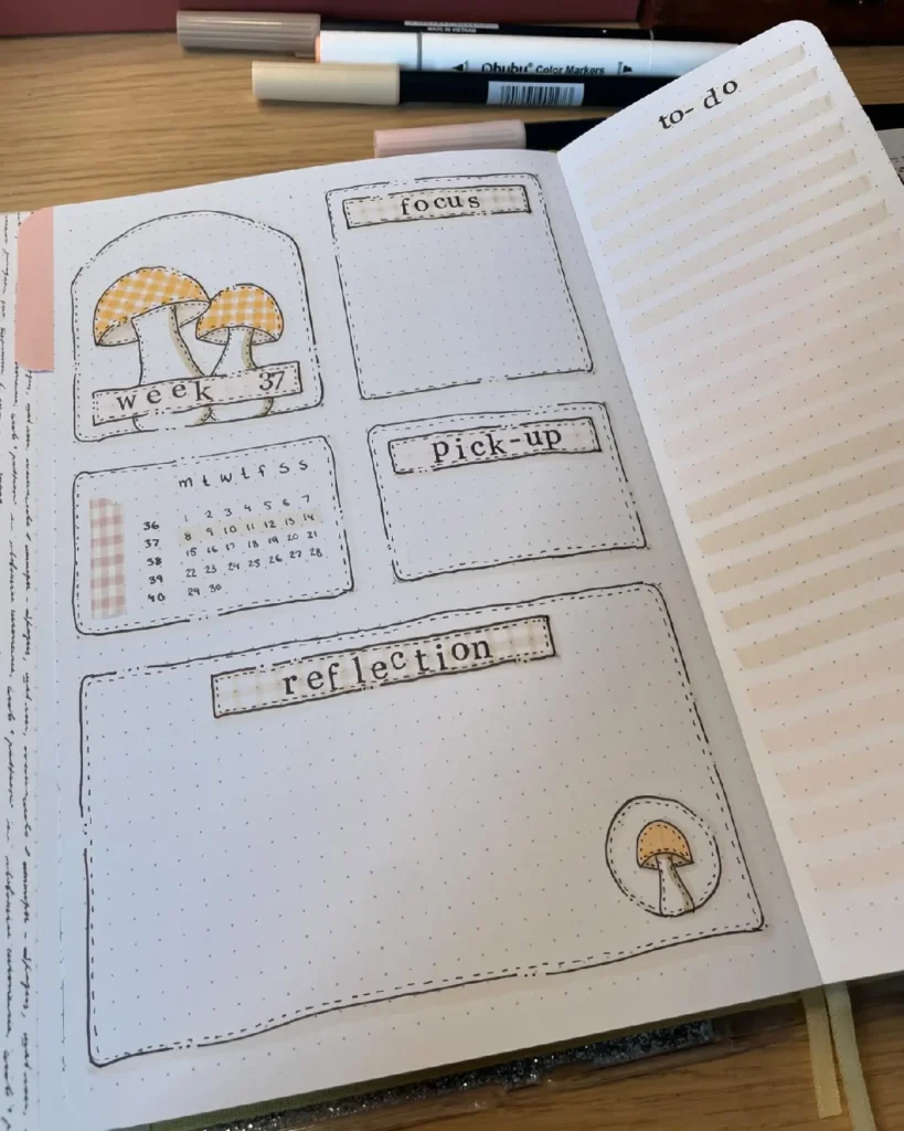 Alt text: A weekly planner page featuring doodles of mushrooms, sections for focus, pick-up, reflection, and a to-do list.