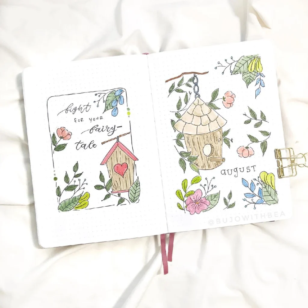 Colorful bullet journal spread featuring whimsical birdhouses and floral decorations for August planning.