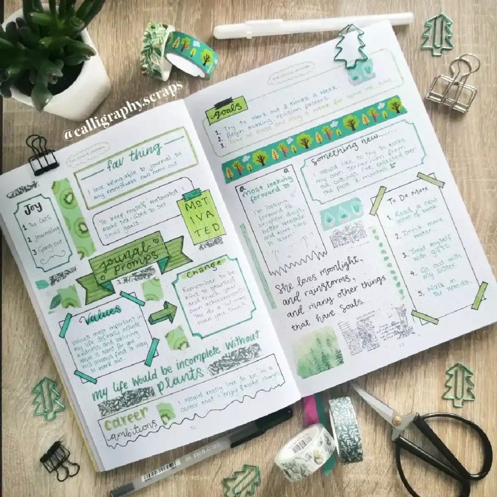 Creative journal layout featuring green themes, goals, values, and motivational prompts amidst decorative stationery.