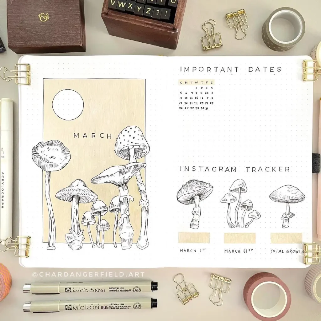 Artistic bullet journal page featuring mushroom illustrations, monthly calendar, and Instagram growth tracker for March.