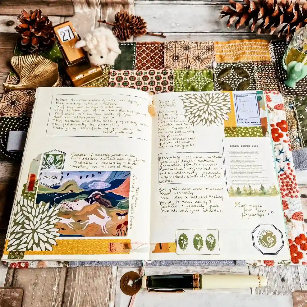 Colorful journal pages with handwritten notes, art, and decorations, surrounded by pinecones and fabric textures.