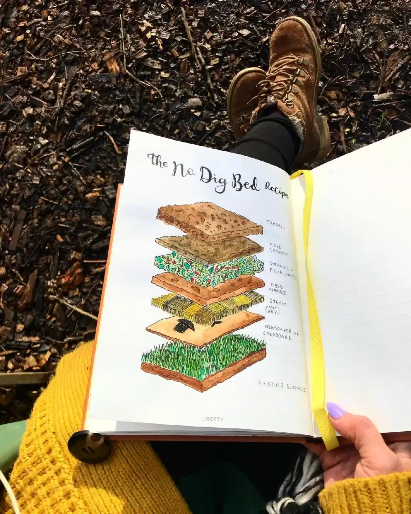 Illustrated no-dig bed recipe in a gardening book, showing layers of materials for soil health on a rustic background.