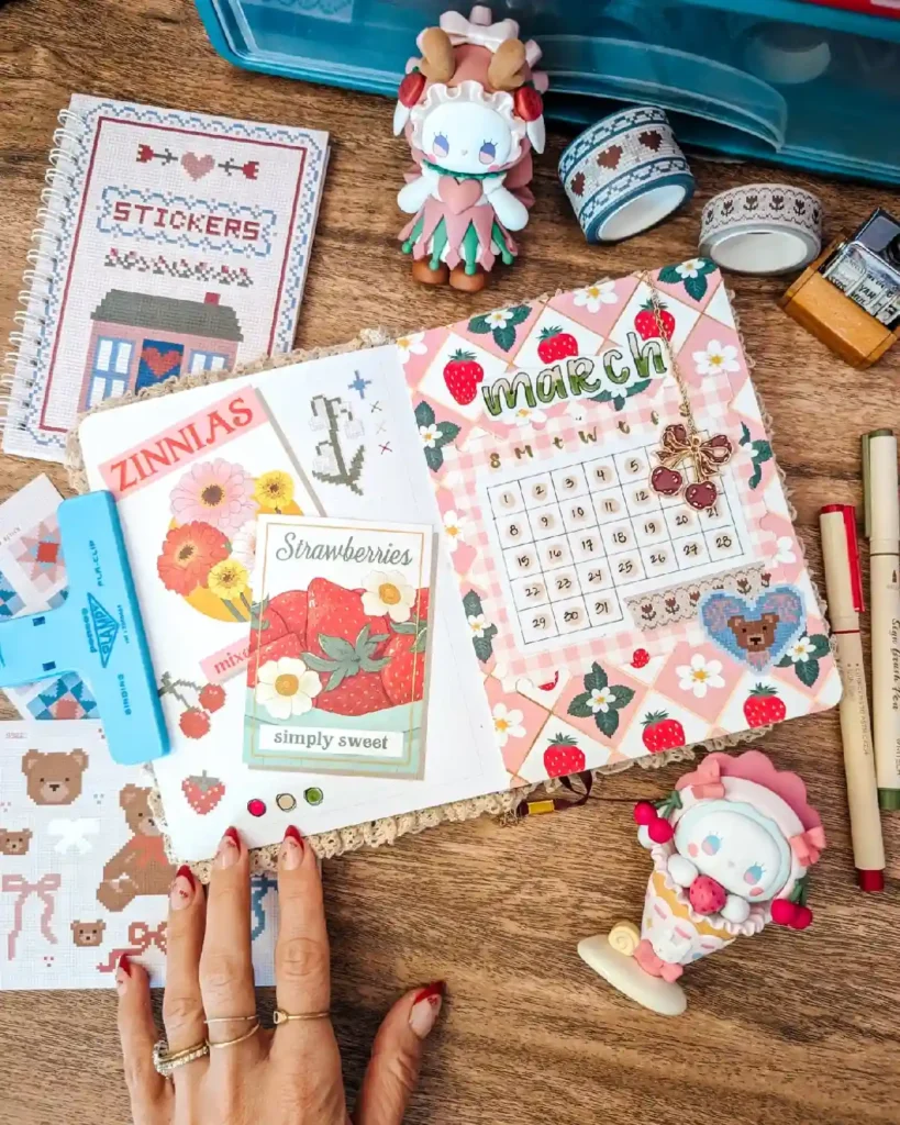 Colorful planner setup with stickers, a calendar for March, and adorable figurines on a wooden table.