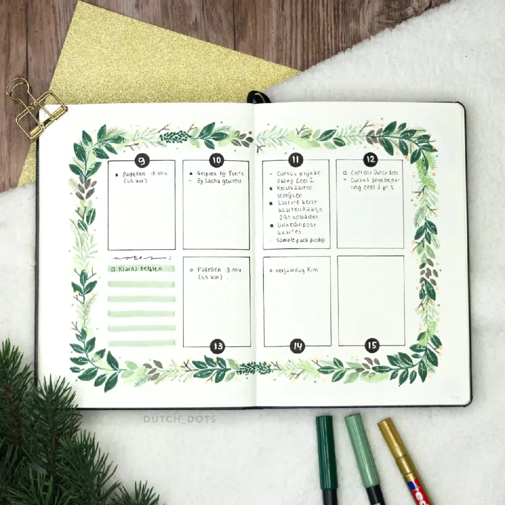 Bullet journal spread with green botanical decor, featuring weekly tasks and notes for planning activities.