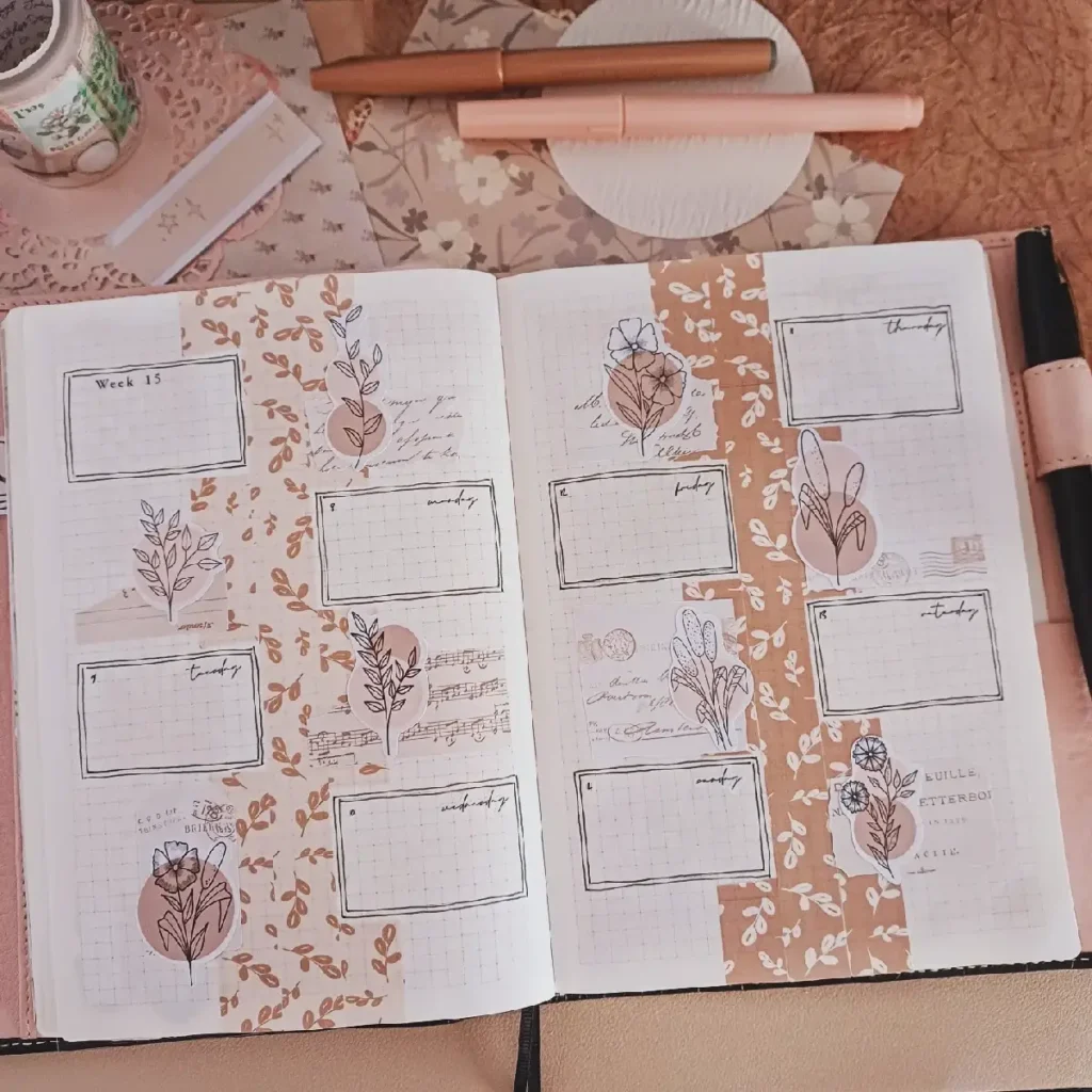 Stylish planner spread featuring floral designs, weekly layouts, and decorative elements for organization and creativity.