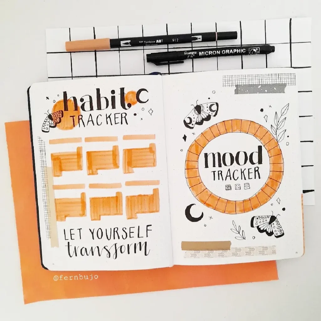 Bullet journal layout featuring a habit tracker and mood tracker with orange accents and decorative butterflies.