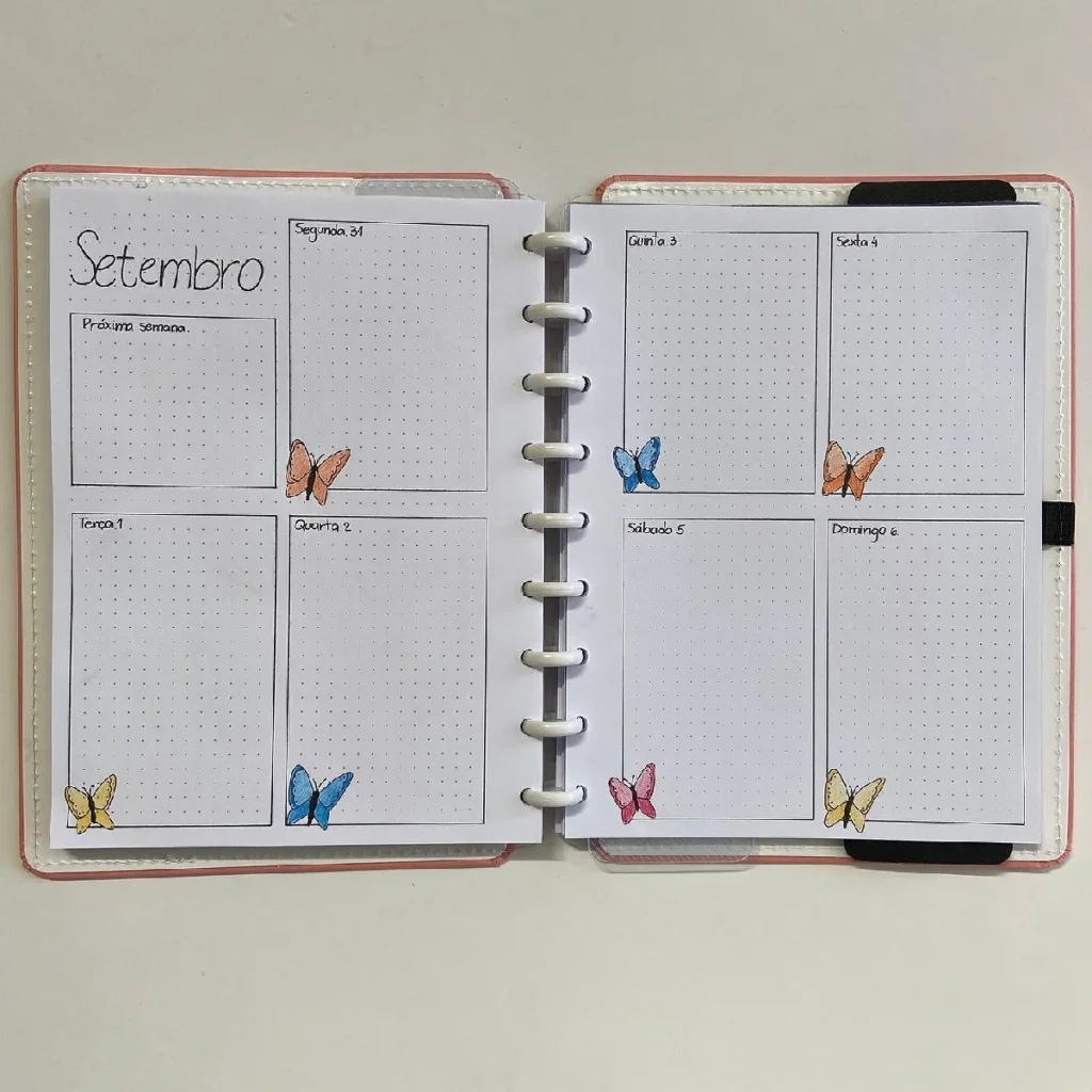 Colorful bullet journal spread for September, featuring dotted sections and butterfly illustrations for organization.