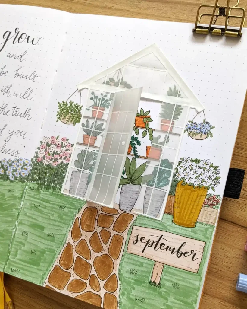 Alt text: A beautifully illustrated journal page featuring a greenhouse, plants, flowers, and a sign for September.