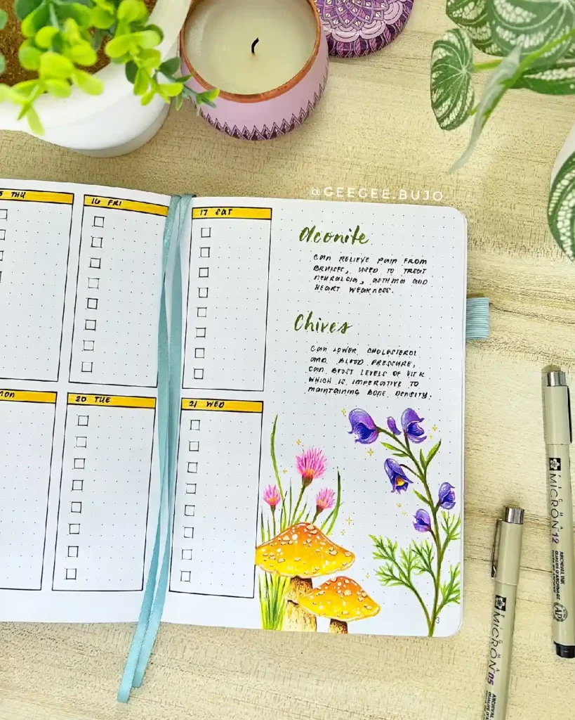 Colorful bullet journal page featuring herbs, floral illustrations, and a weekly planner layout for organized note-taking.