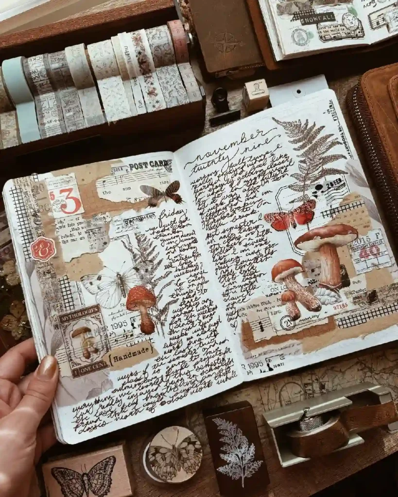 Handwritten journal spread with collage elements, including mushrooms, butterflies, and vintage papers, on a wooden table.
