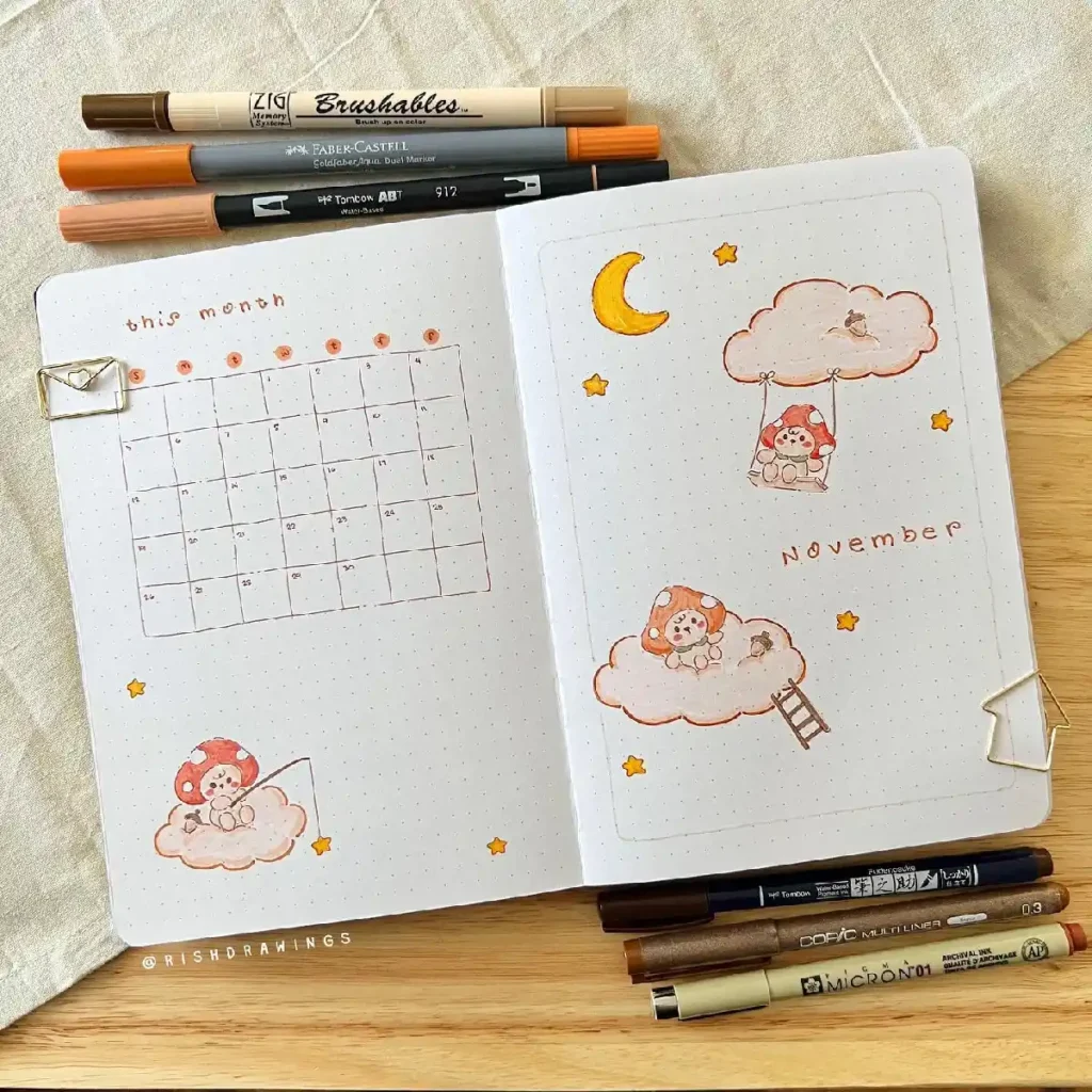 A cozy bullet journal spread for November, featuring artwork of cute characters in clouds with stars and a monthly calendar.