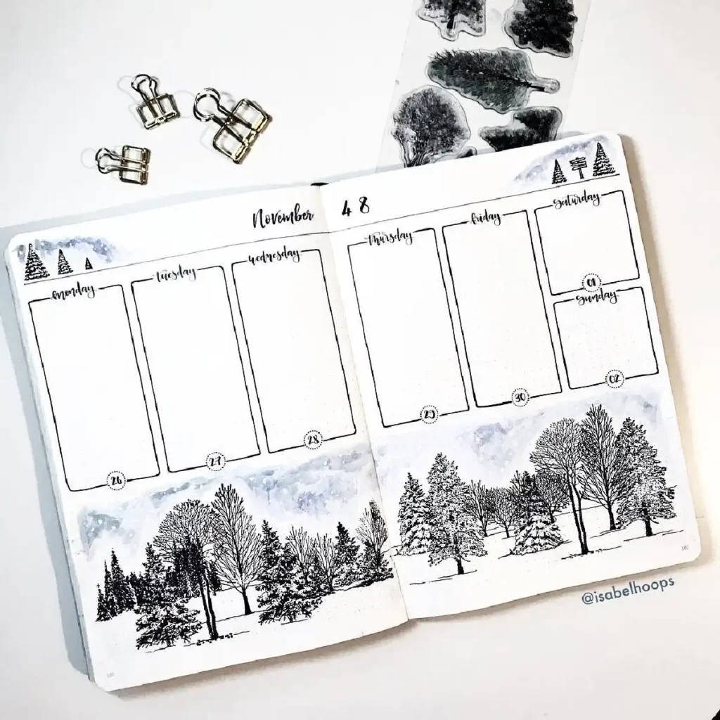 Weekly bullet journal layout for November with tree illustrations and blank sections for planning and notes.