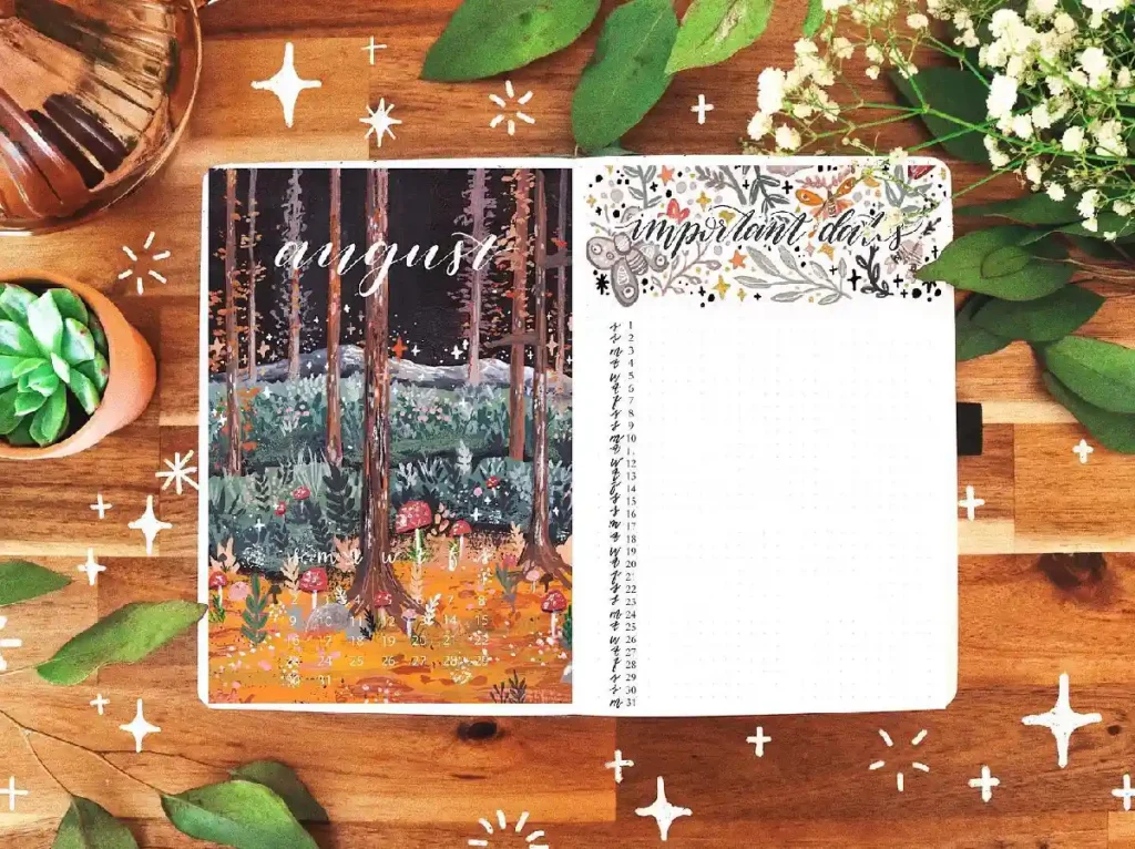 Colorful bullet journal page for August, featuring forest illustrations and a section for important dates.