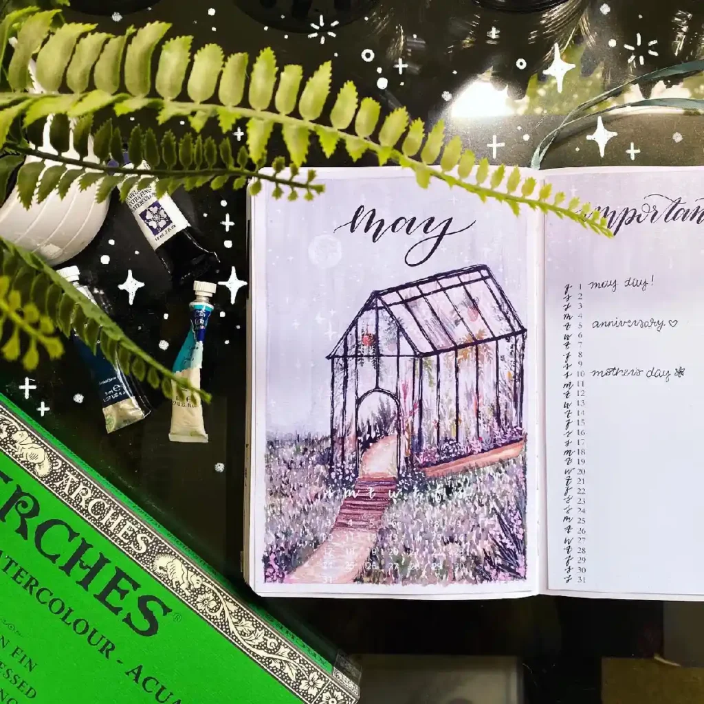 A beautifully illustrated bullet journal page for May, featuring a greenhouse and important dates outlined.