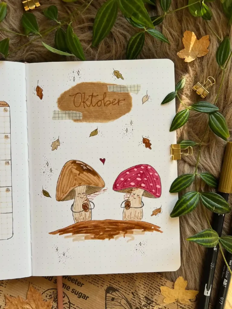Hand-drawn October bullet journal spread featuring cute mushrooms, leaves, and autumnal vibes.