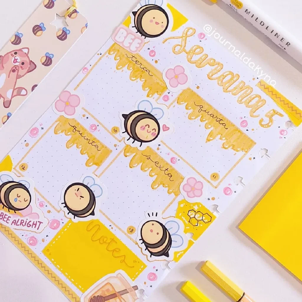 Colorful weekly planner layout featuring cute bee illustrations and honey-themed decorations in vibrant yellow tones.