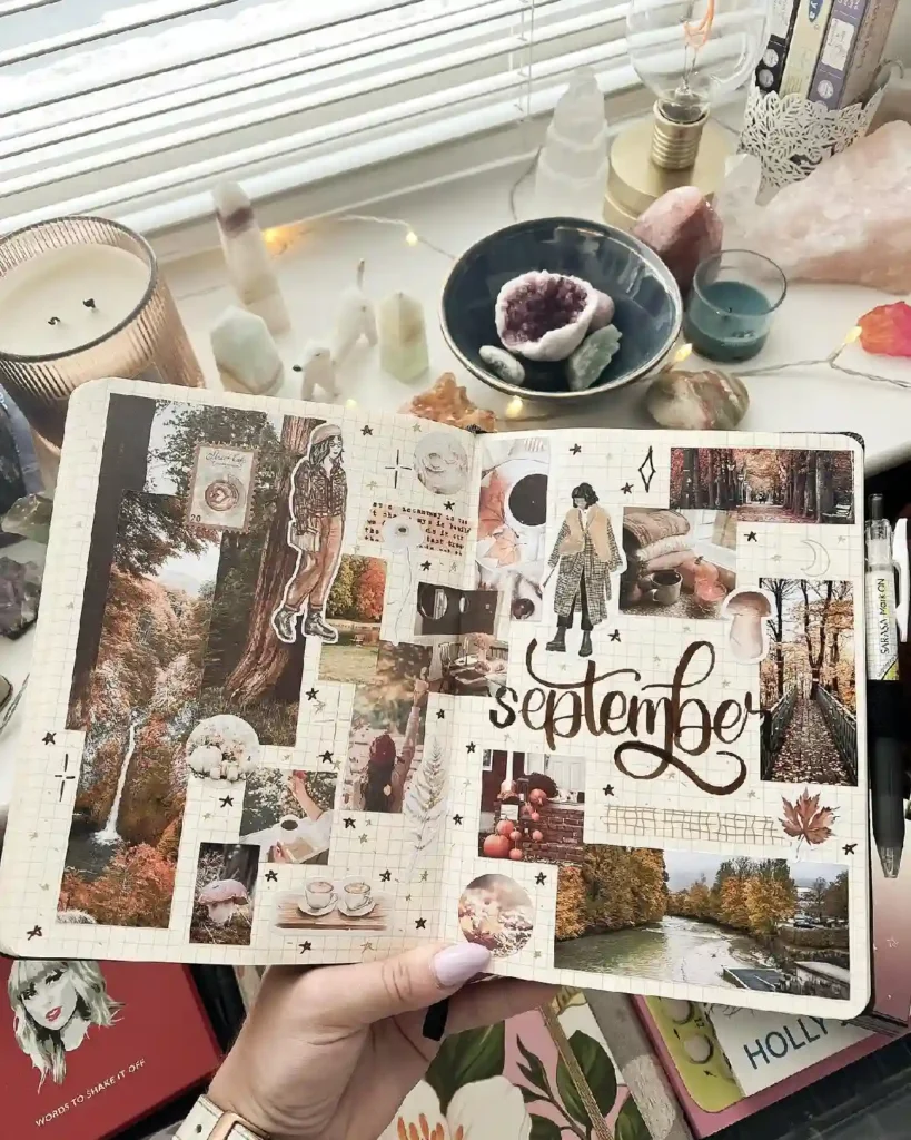 Creative bullet journal spread for September, featuring autumn-themed collages, nature imagery, and inspirational elements.