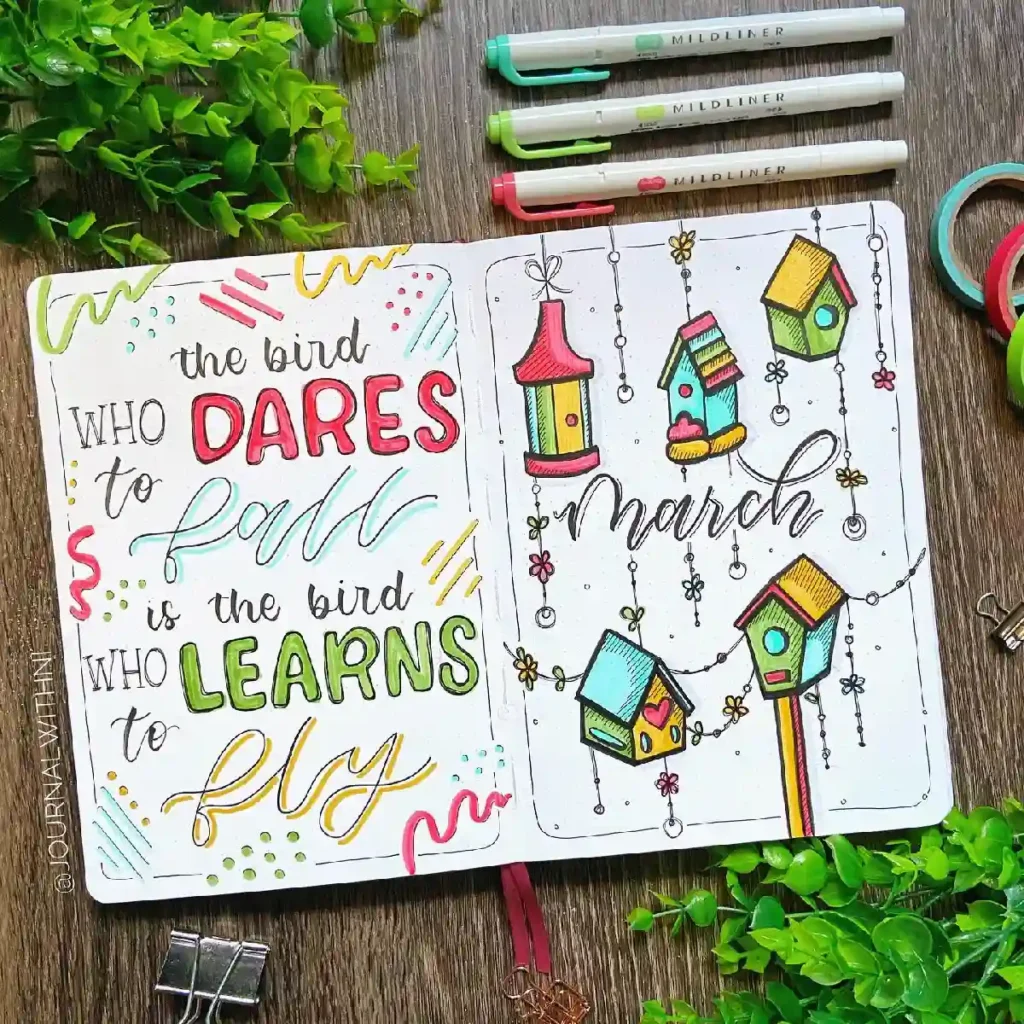 Colorful journal spread with motivational quote and cute illustrations of birdhouses, perfect for March themes.