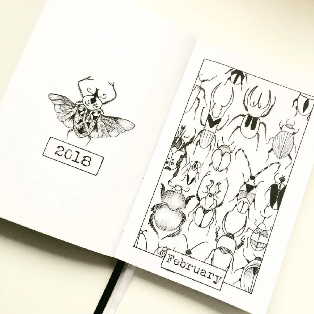 Illustration of insects in a sketchbook, featuring a detailed moth and various beetles for February 2018.