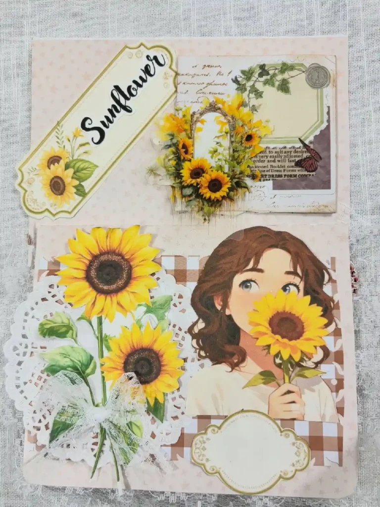 Sunflower-themed scrapbook page featuring a girl holding a sunflower, decorative flowers, and handwritten notes.