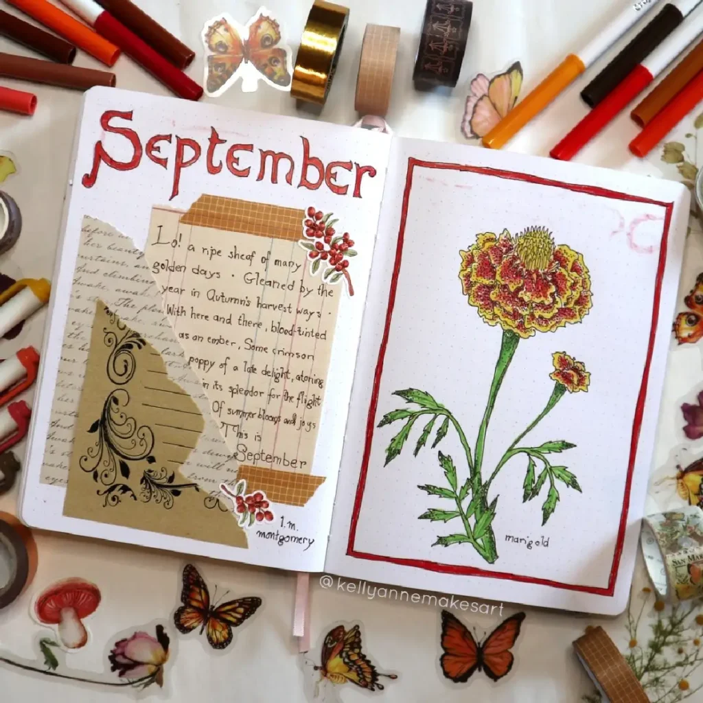 September bullet journal spread featuring floral illustrations and decorative elements, perfect for seasonal inspiration.