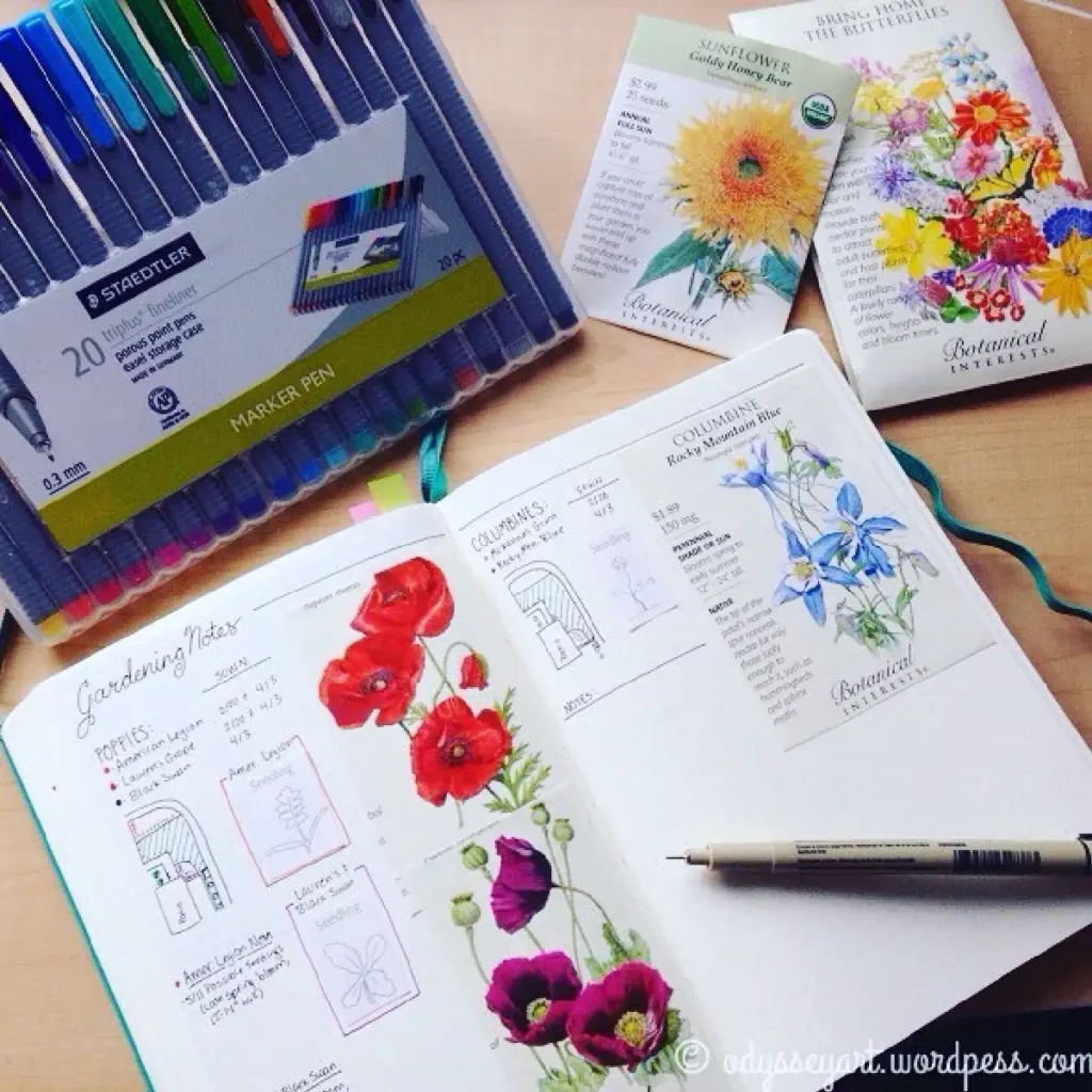 Colorful gardening notebook with flower sketches, seed packets, and Staedtler pens, capturing gardening notes and designs.