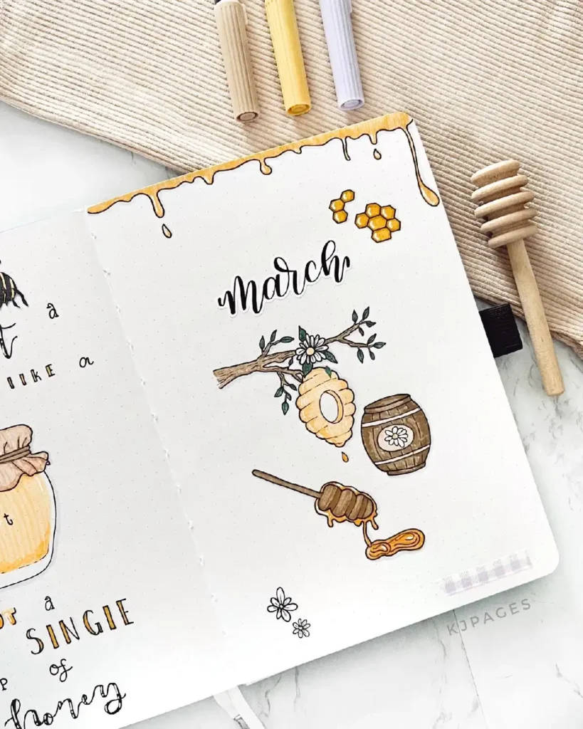 Colorful March bullet journal page featuring honey theme, flowers, and creative lettering with honey jar and dipper.