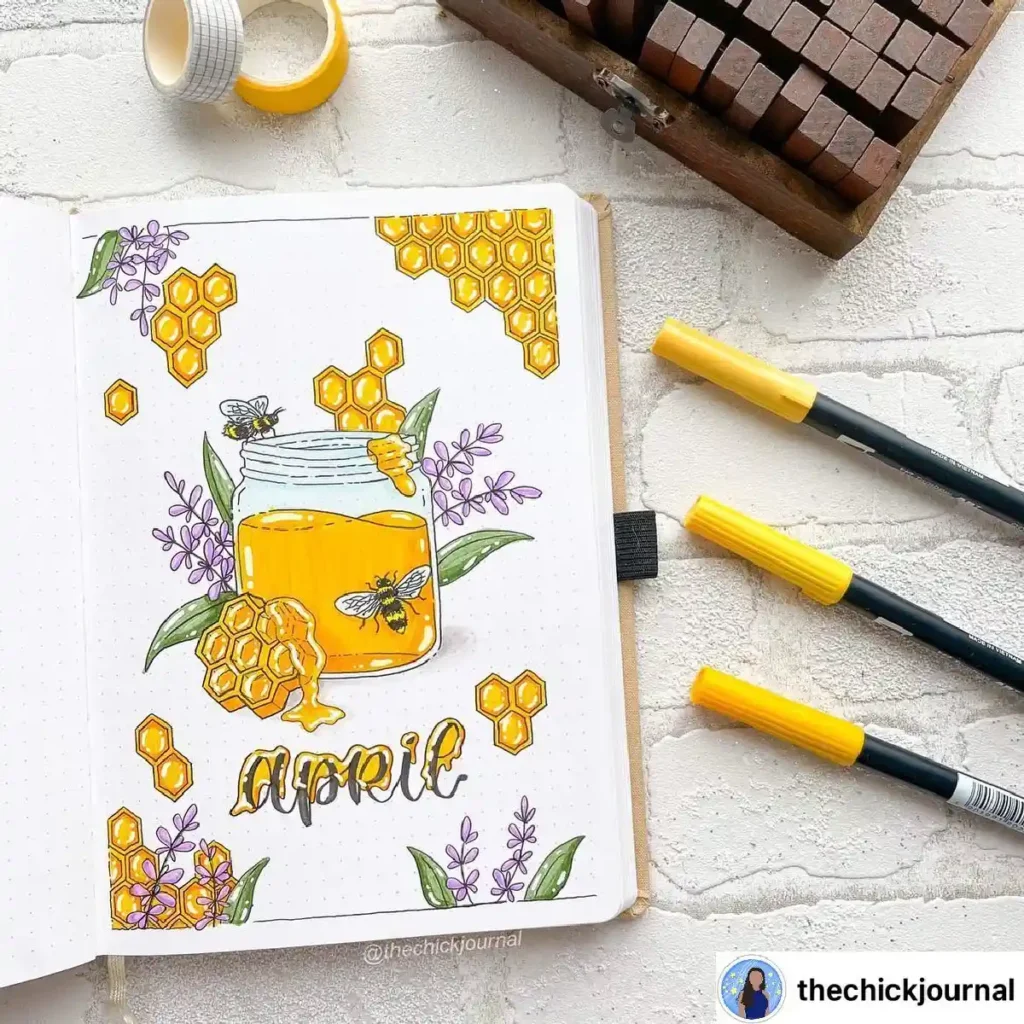 Illustration of a honey jar surrounded by bees and flowers, showcasing creativity in an April journal spread.